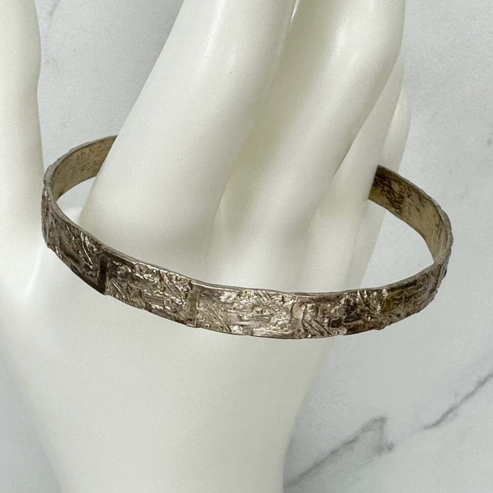 Vintage Mexico Silver Tone Organic Textured Panel Bangle Bracelet ✨